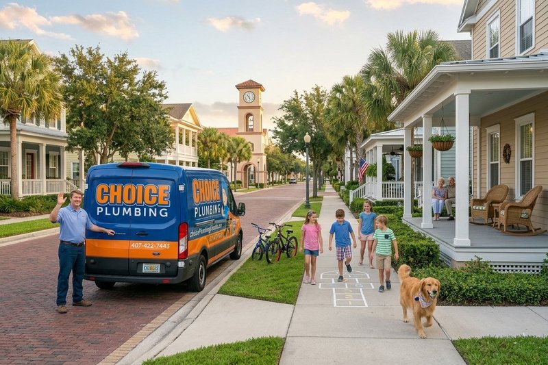 Choice Plumbing Orlando licensed plumber serving Celebration FL and Kissimmee FL — Disney-designed family community polybutylene repipe and oak-root sewer specialists in 34747, 34741, 34744, 34746, 34758