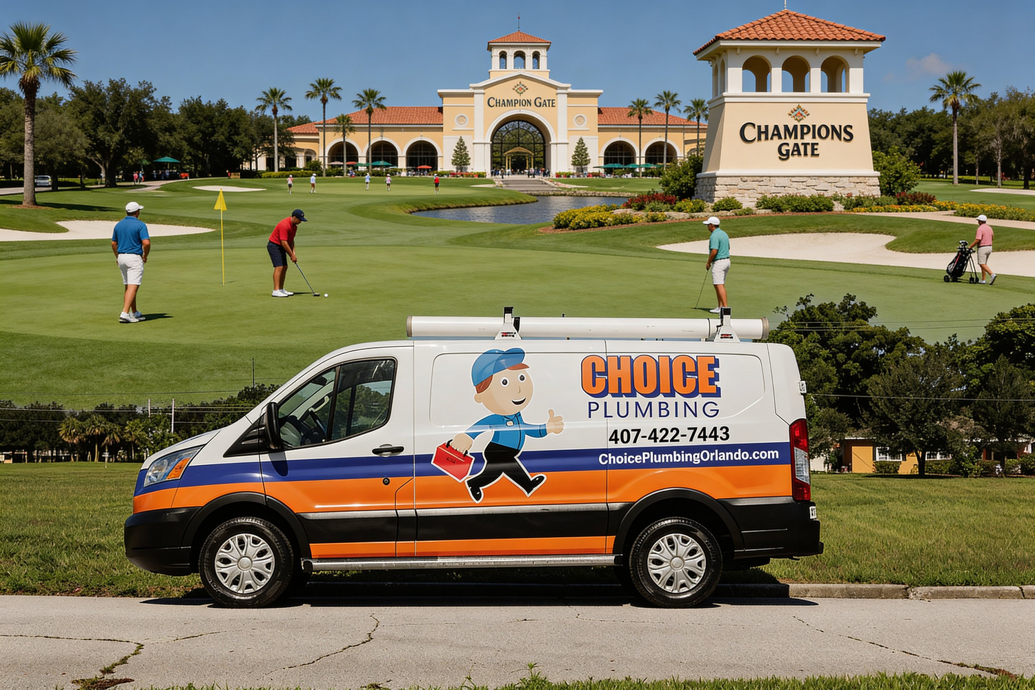 Choice Plumbing Orlando licensed plumber van at ChampionsGate Country Club entrance — serving vacation rental and resort homes in ChampionsGate, Reunion Resort, Davenport, and Four Corners FL (33837, 33896, 33897, 34747) with emergency tankless water heater repair, drain backups, and polybutylene repipes