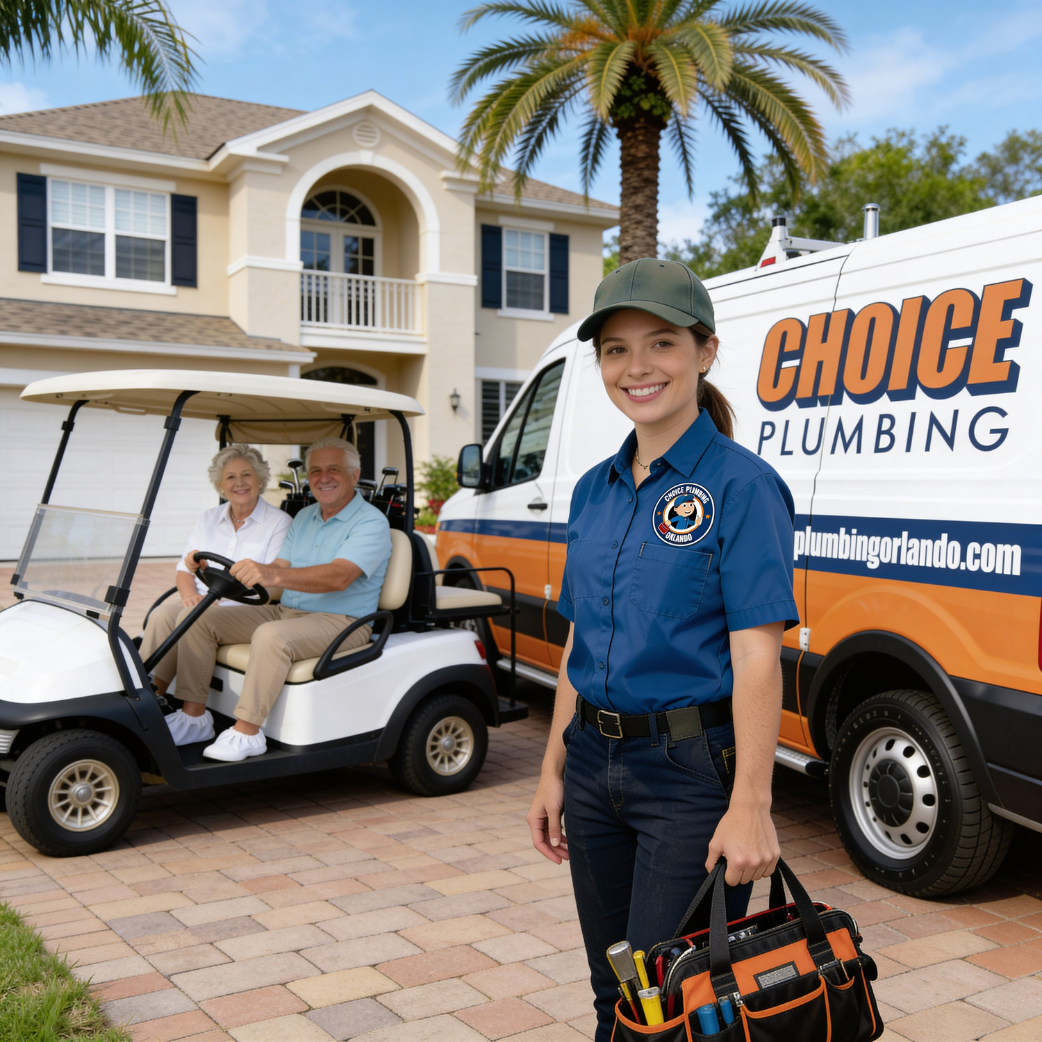 Choice Plumbing Orlando licensed female plumber technician with tool bag at a Clermont active adult community home — senior couple in golf cart, Florida CFC1426822 family-owned local plumber serving Kings Ridge, Legends, Heritage Hills, Summit Greens, Highland Lakes, Lakeridge, and all 55+ golf communities and vacation rentals in Clermont FL 34711, 34714, 34715
