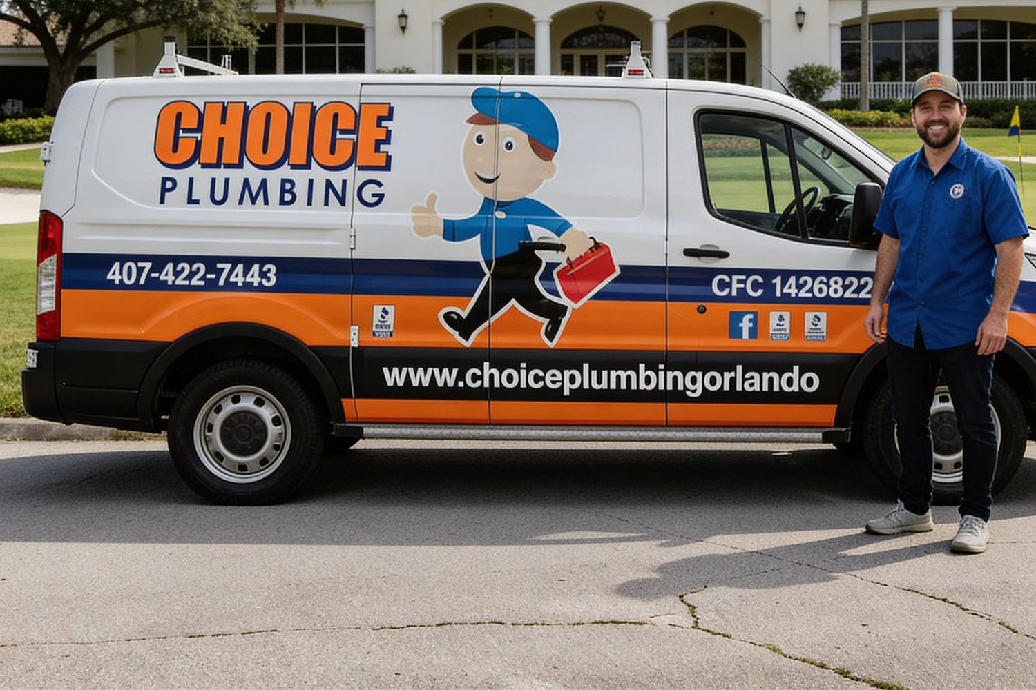 Choice Plumbing Orlando service van and licensed plumber technician at Bay Hill Country Club golf course — Florida CFC1426822 family-owned local plumber serving Dr. Phillips, Bay Hill, Sand Lake Hills, Phillips Landing, Orange Tree, and Turkey Lake area FL 32819 32836
