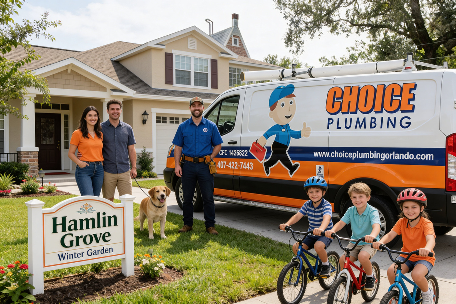 Choice Plumbing Orlando service van and licensed plumber technician with a Horizon West family at a Hamlin Grove home in Winter Garden FL 34787 — Florida CFC1426822 family-owned local plumber serving Hamlin, Bridgewater, Waterleigh, Independence, Lakeshore, Summerlake, and all Horizon West master-planned communities