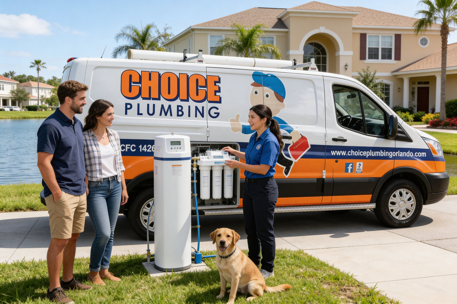 Choice Plumbing Orlando licensed female plumber technician demonstrating a whole-house water filtration and softener system to homeowners outside a modern Lake Nona home — Florida CFC1426822 family-owned local plumber serving Laureate Park, Eagle Creek, VillageWalk, Nona Lakes, Storey Park, and all Lake Nona master-planned communities in Orlando FL 32827 32832