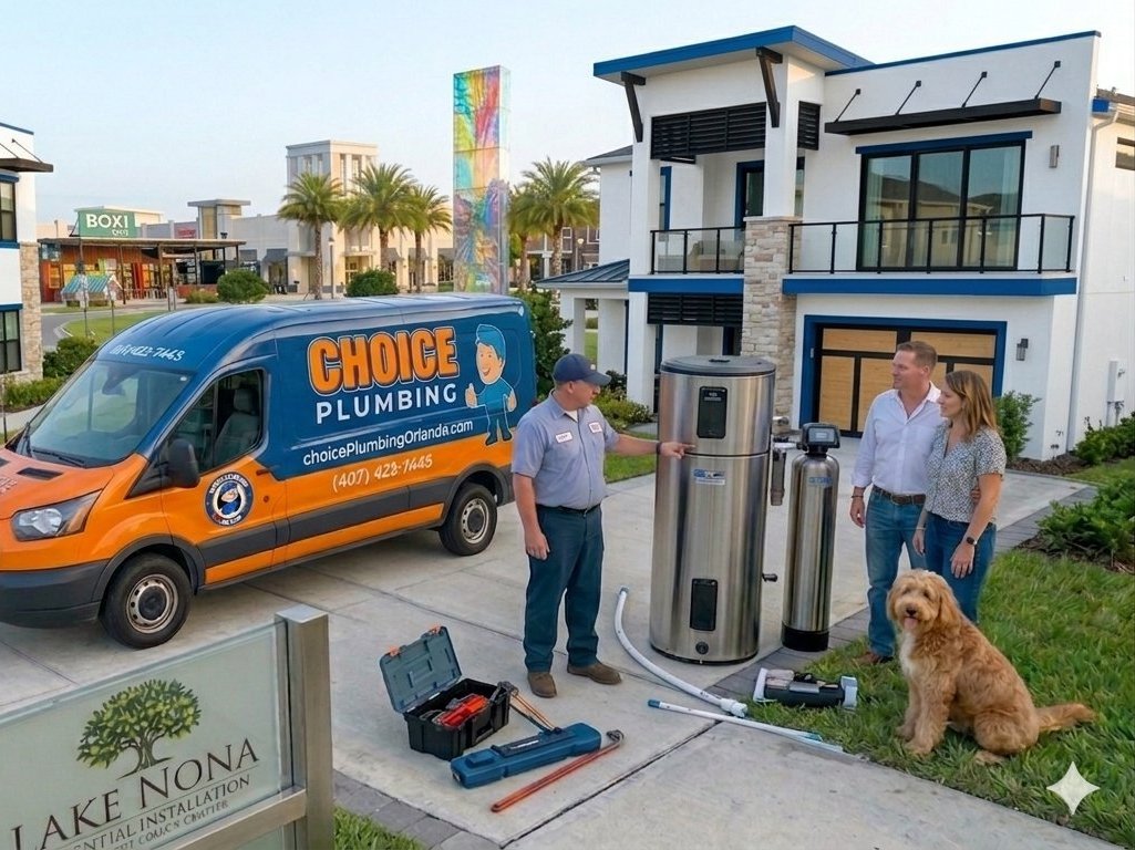 Choice Plumbing Orlando branded service van and licensed technician completing a residential water heater and whole-house filtration installation outside a modern Lake Nona FL home — protecting fixtures and appliances from Central Florida hard water in Laureate Park, Eagle Creek, and VillageWalk