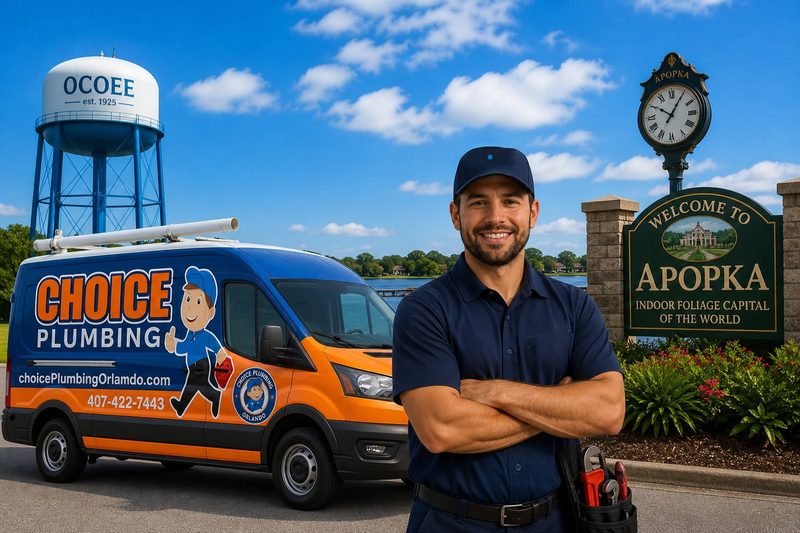 Choice Plumbing Orlando licensed plumber in front of branded service van between the historic Ocoee water tower and the Welcome to Apopka sign — local plumber serving Ocoee and Apopka, FL