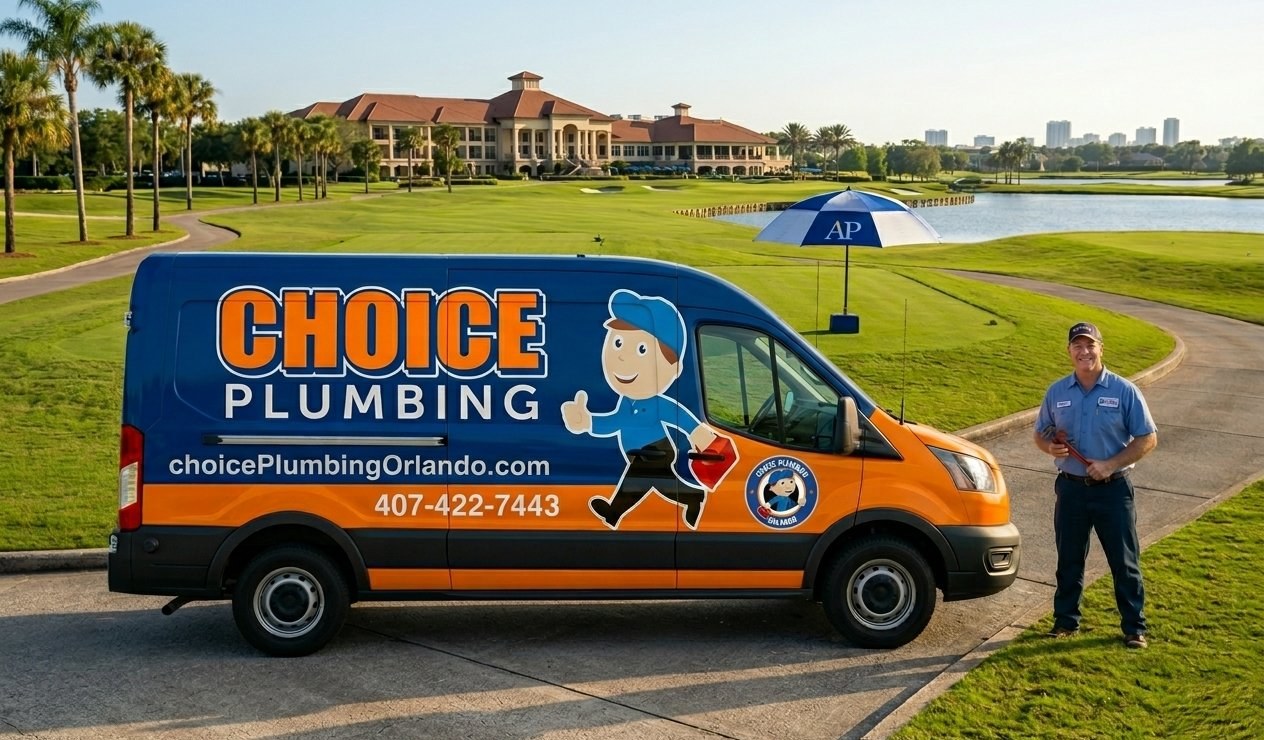 Choice Plumbing Orlando service van and licensed plumber at Bay Hill Club &mdash; local plumber serving Dr. Phillips, Sand Lake Hills, Phillips Landing FL 32819