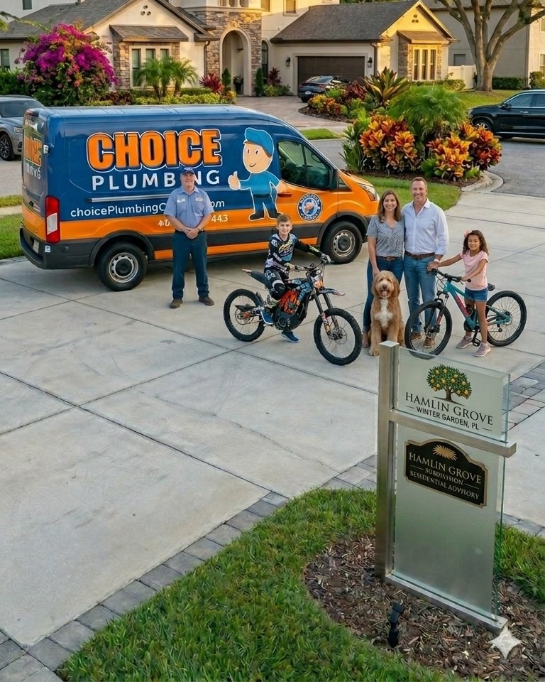 Choice Plumbing Orlando service van and licensed plumber with a Horizon West family at a Hamlin Grove home in Winter Garden FL 34787