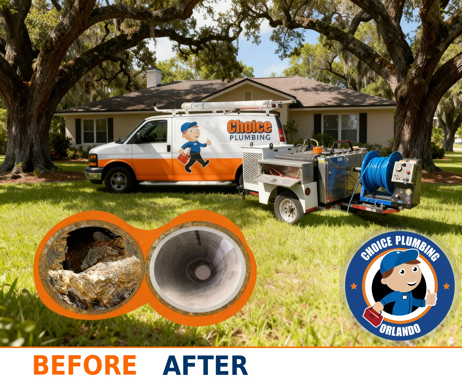 Hydro jetting before and after in Orlando — Choice Plumbing van and trailer-mounted jetter cleaning a sewer line clogged with tree roots and grease, restored to full diameter