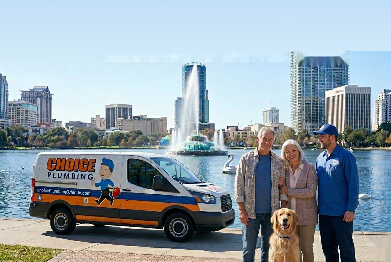 Choice Plumbing Orlando service van and team at Lake Eola in Downtown Orlando — local licensed plumber serving College Park, SODO, Baldwin Park, Conway, Delaney Park and all Orlando neighborhoods