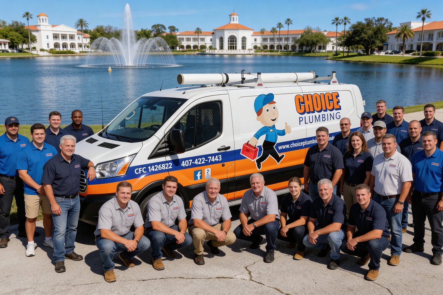 Choice Plumbing Orlando licensed plumbing team with service van — Florida CFC1426822 family-owned local plumber serving College Park, SODO, Baldwin Park, Conway, Delaney Park, Lake Nona, Dr. Phillips, Winter Park, and all Orange County Orlando neighborhoods