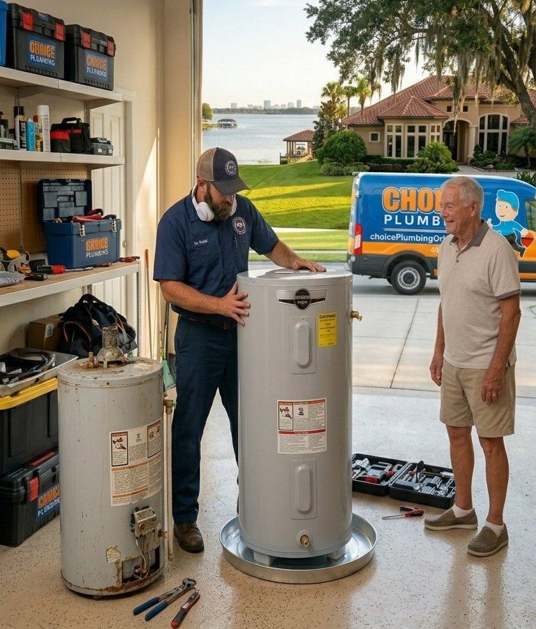 Choice Plumbing Orlando licensed technician installing a new water heater for an Orlando homeowner — old corroded heater being replaced, branded service van outside, lakefront Florida home