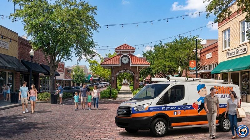 Choice Plumbing Orlando service van parked on the historic brick-paved Plant Street in downtown Winter Garden FL with families walking past the clock tower pavilion — local licensed plumber serving Plant Street, Stoneybrook West, Horizon West and all of Winter Garden 34787