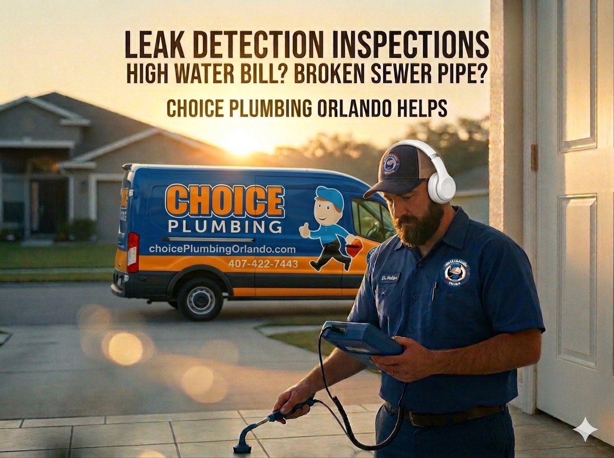 Choice Plumbing Orlando leak detection inspection in Winter Park — high water bill or broken sewer pipe? Licensed plumber with acoustic leak detection equipment at a Winter Park home. Call (407) 422-7443.