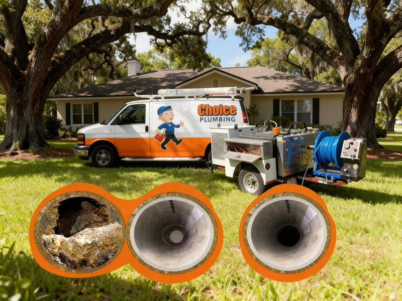 Choice Plumbing van and hydro jetter trailer at an older Orlando home, with before and after views of a cast iron sewer pipe cleaned by descaling