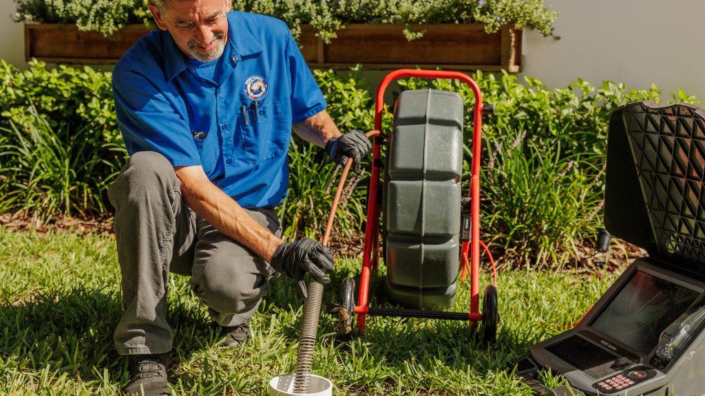 Plumber clearing a clogged drain line