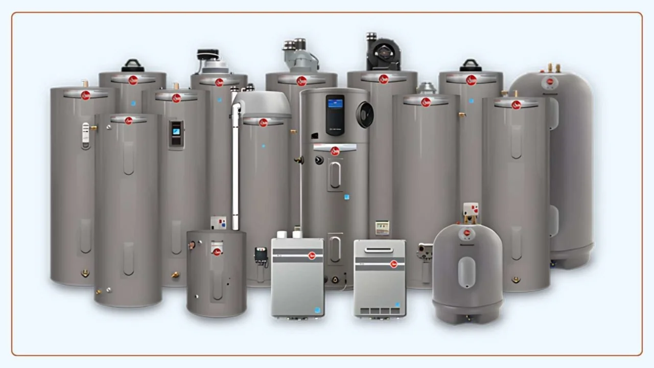 Collection of various water heaters and boilers of different sizes and models.