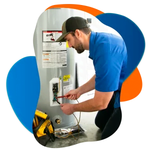 Technician repairing a water heater with tools and equipment.