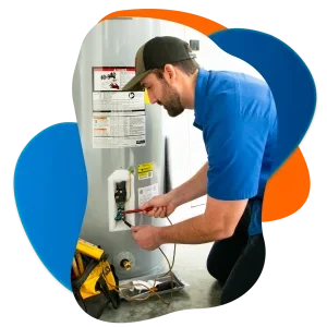 Technician repairing a water heater with tools and equipment.